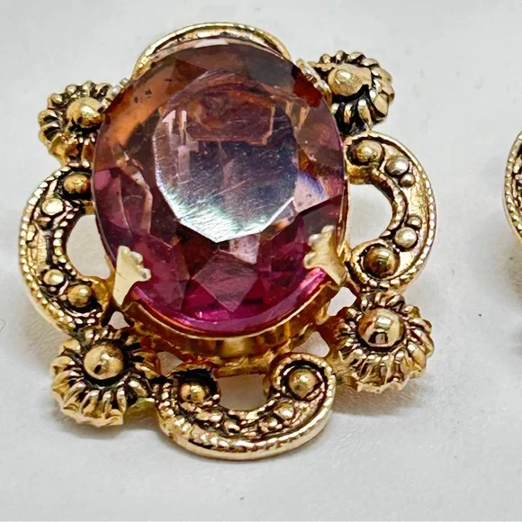 Marino, Vintage Gold And Purple Glass Cabochon Earrings, Clips, Marino 1932-1978 - Picture 6 of 8